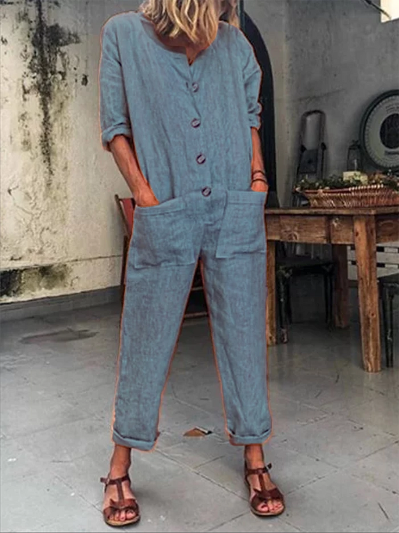 Casual Buttoned Solid Holiday Jumpsuits