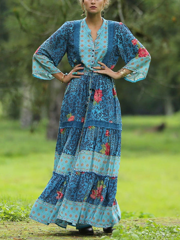 Contrast Long-sleeved Bohemian Dress