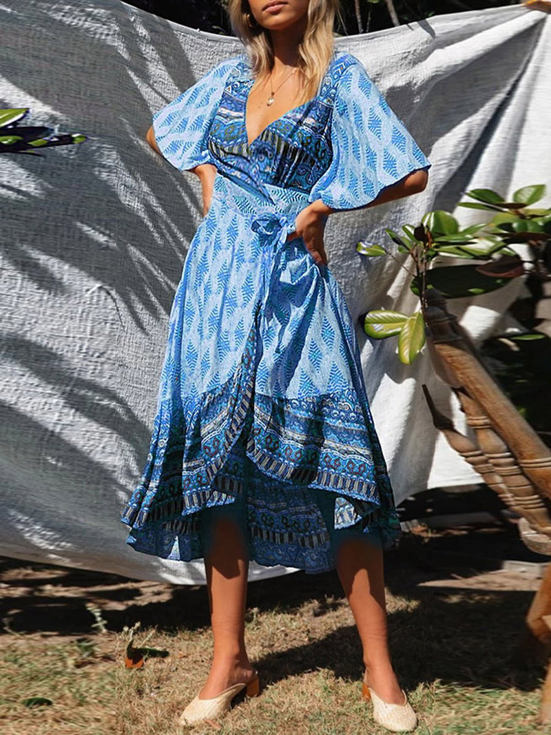 Bohemian Printed V-neck Short Sleeve Dress