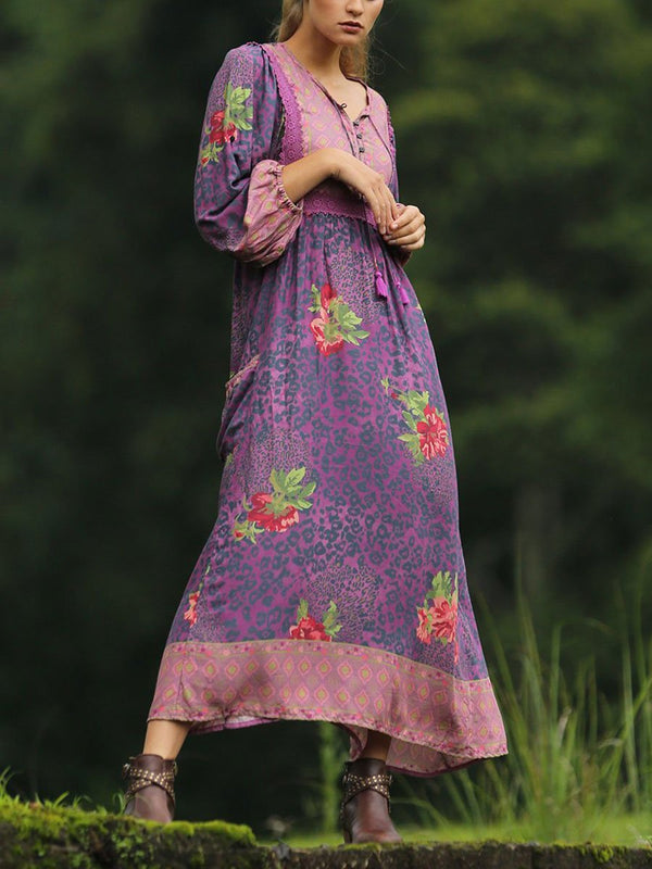 Slim Long-sleeved Purple Vintage Bohemian Dress