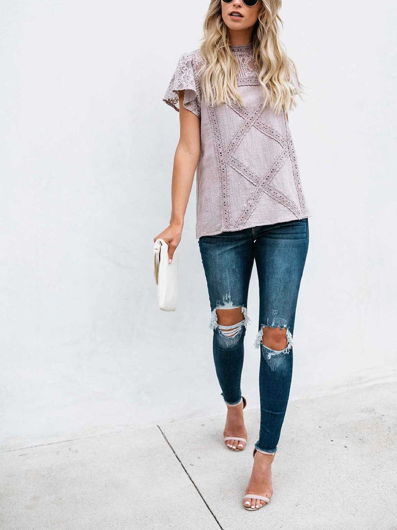 Short-sleeved Geometric Stitching Lace Top