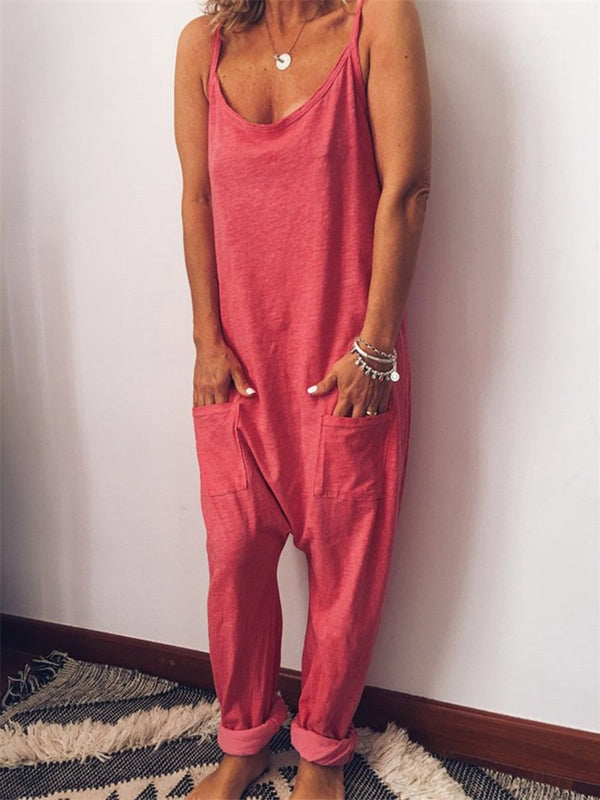 Casual Sling Jumpsuit Backless Pocket Loose Jumpsuit