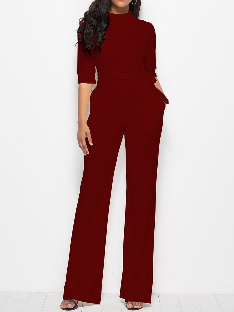 Sexy Solid Color Five-point Sleeve Stand Collar Wide Leg Jumpsuit