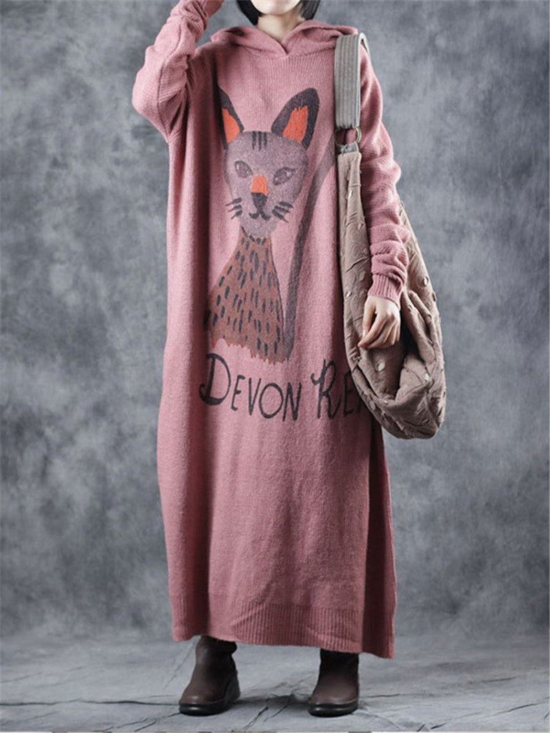 Cute Cat Print Loose Knit Maxi Dresses