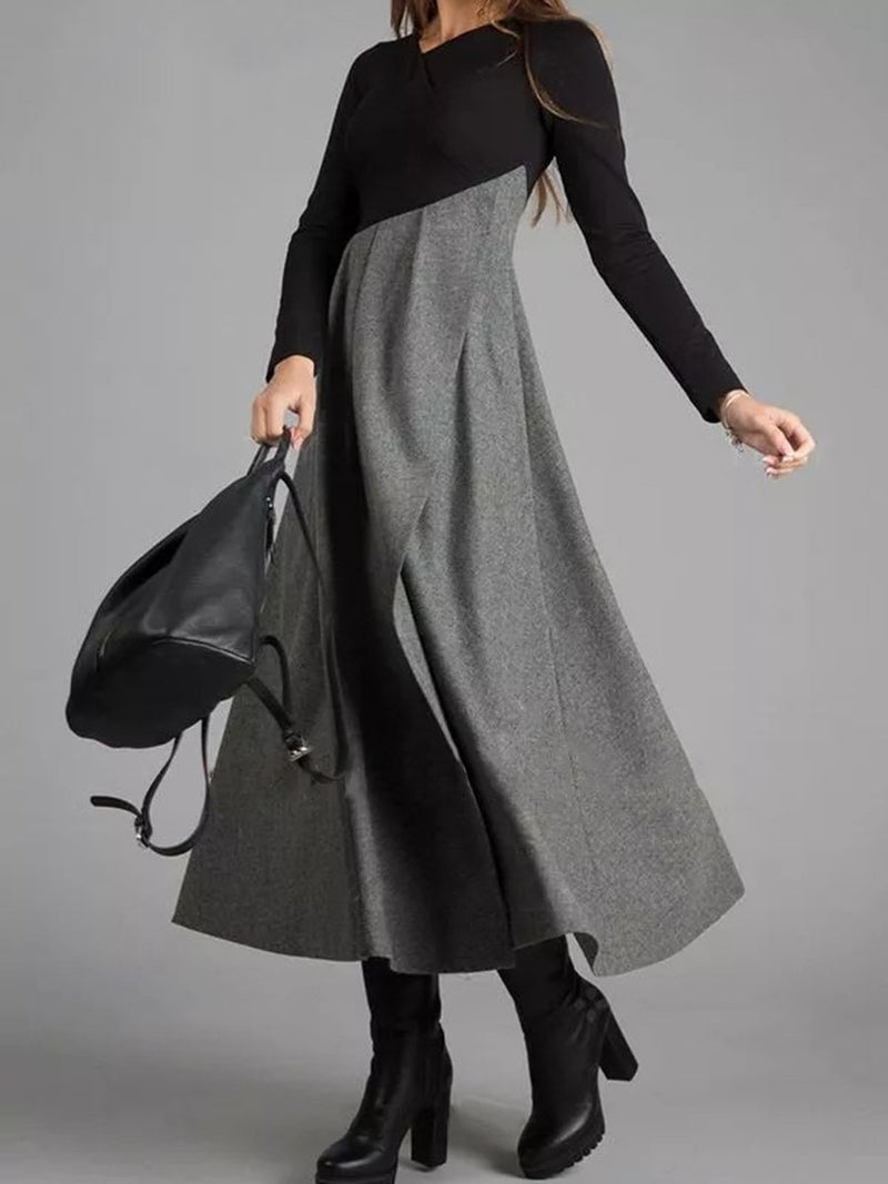 Grey Colorblock Long Sleeve Dress Elegant