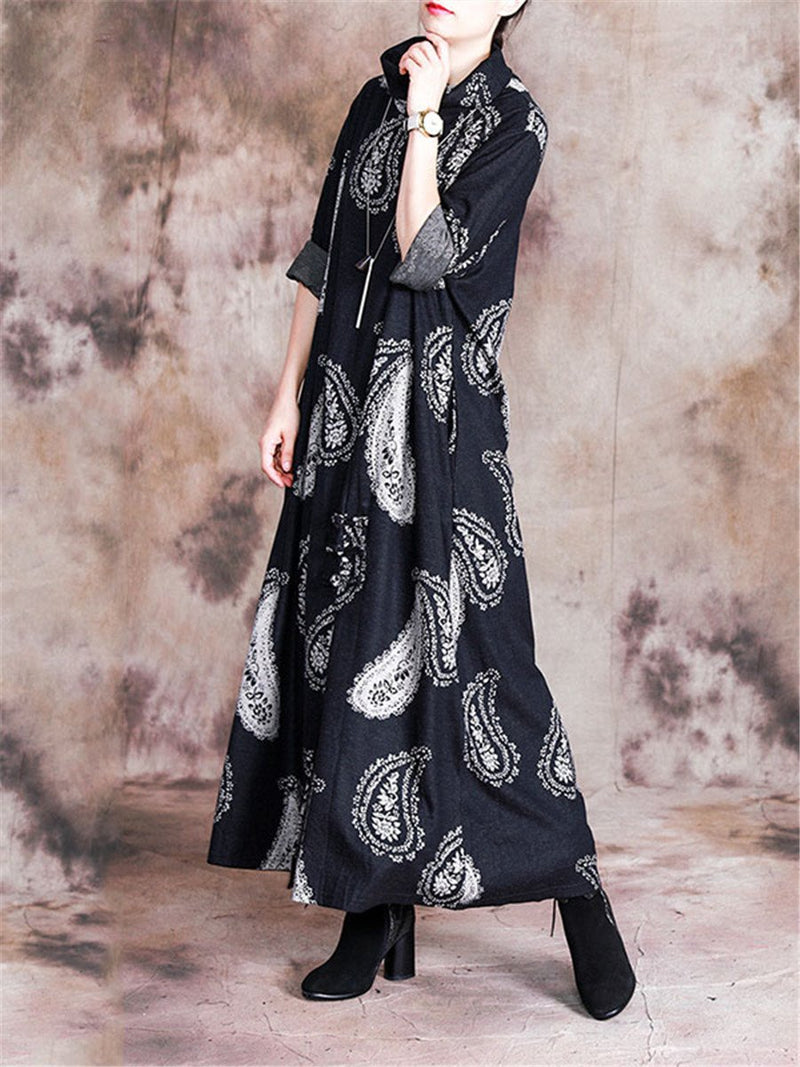 Stand Collar Printed Loose Maxi Dresses