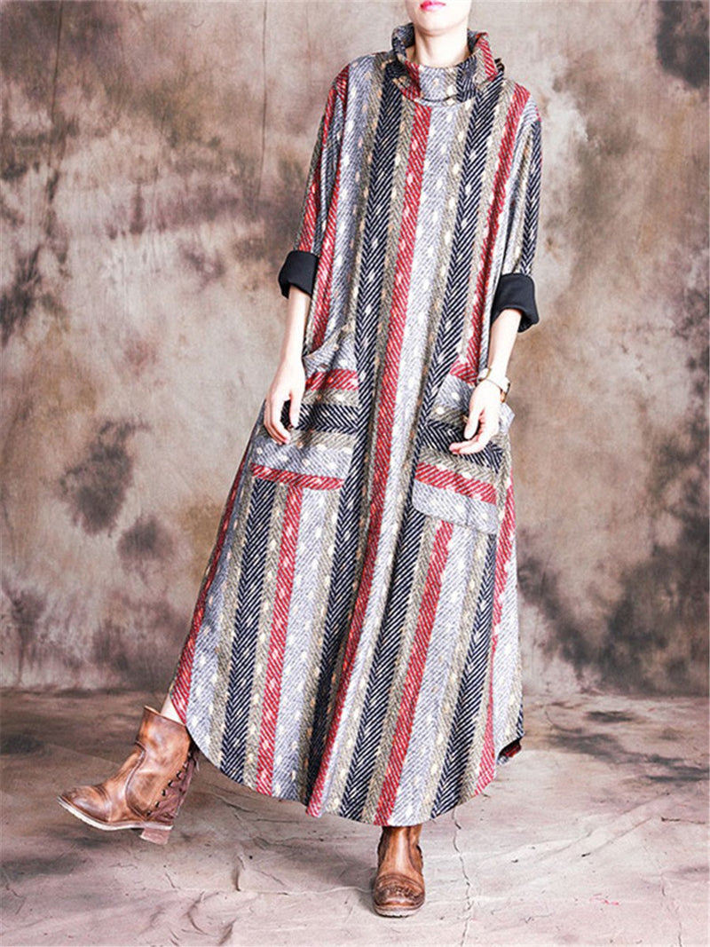 Stand Collar Print Pocket Loose Maxi Dresses