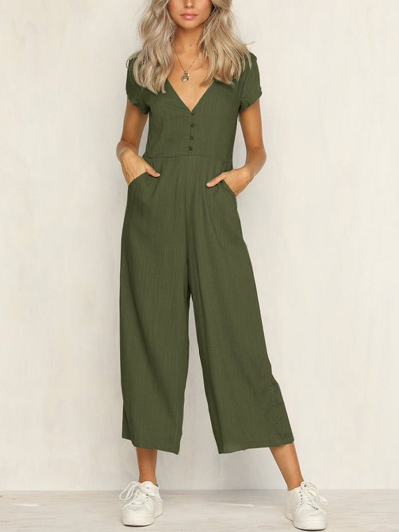 Casual V-neck Fashion Casual Pants Button Jumpsuit