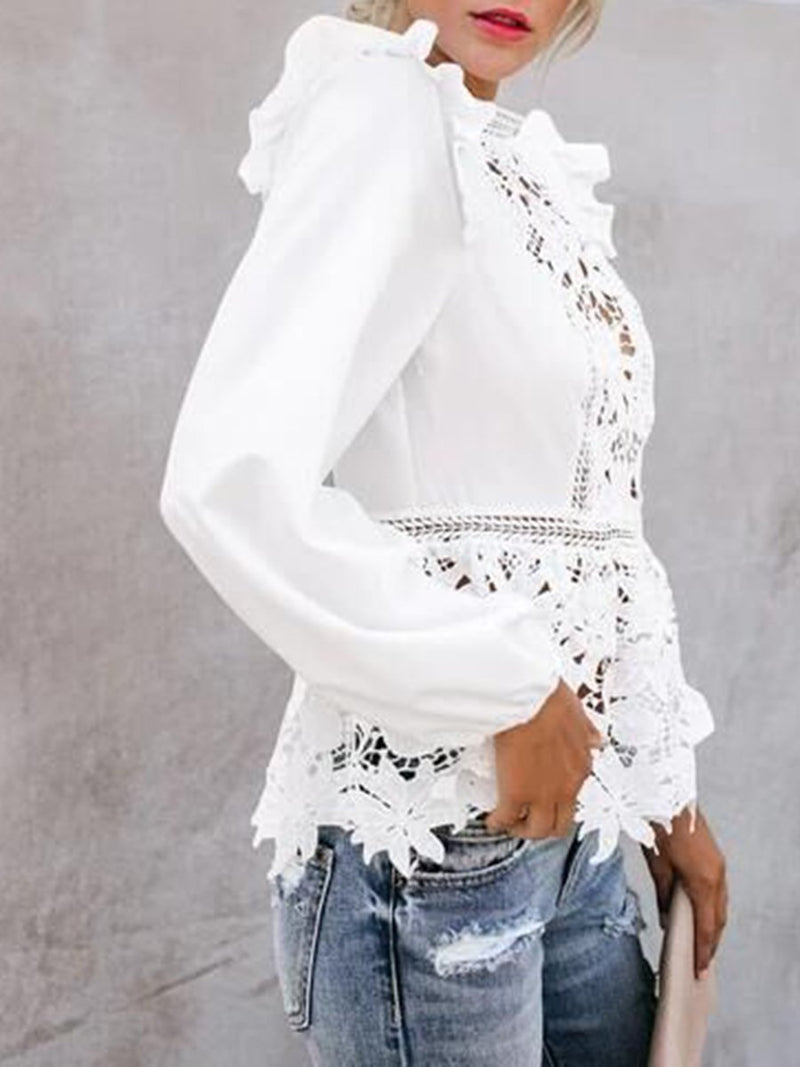 Lace Stitching Sexy Ruffled Long-sleeved Blouse