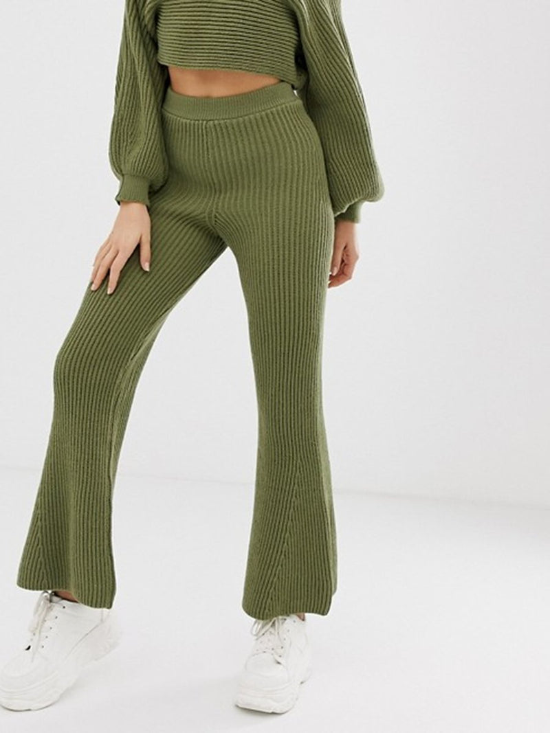 Fashion Casual Loose Lantern Sleeve Top Flare Pants Knitted Suit