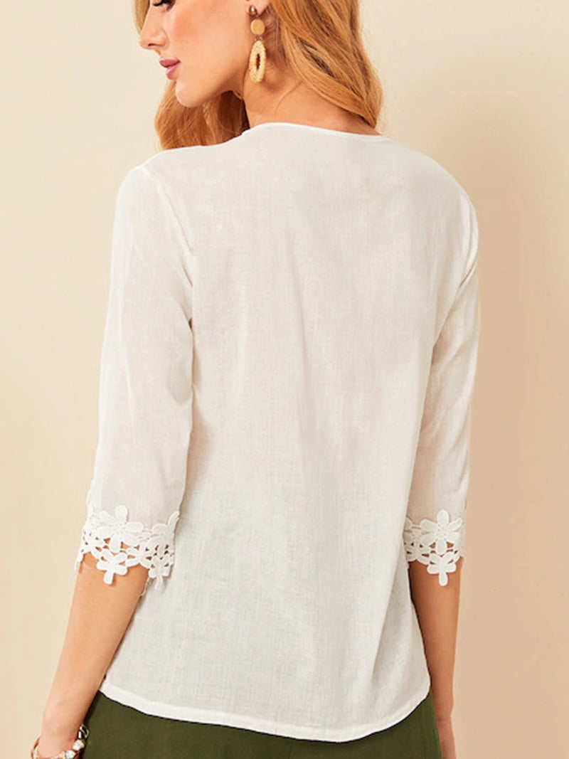 White Petal Stitching Cotton Openwork Blouse