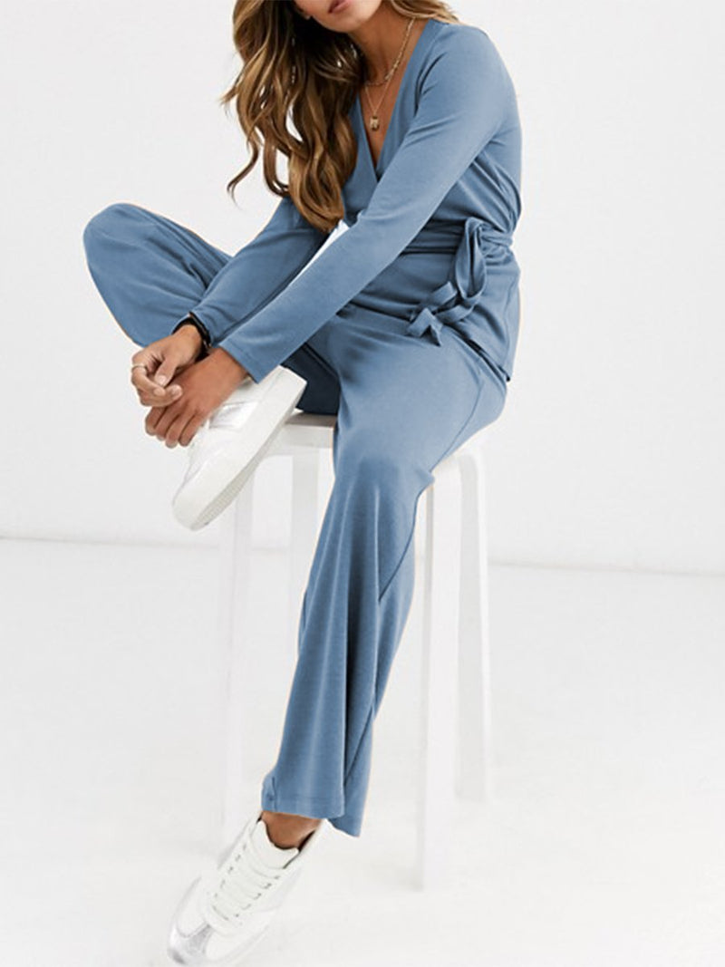 Loose Casual Long-Sleeved V-Neck Top Wide Leg Pants Knitted Suit