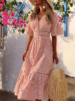 V-neck Short-sleeved Cutout Single-breasted Bohemian Dress