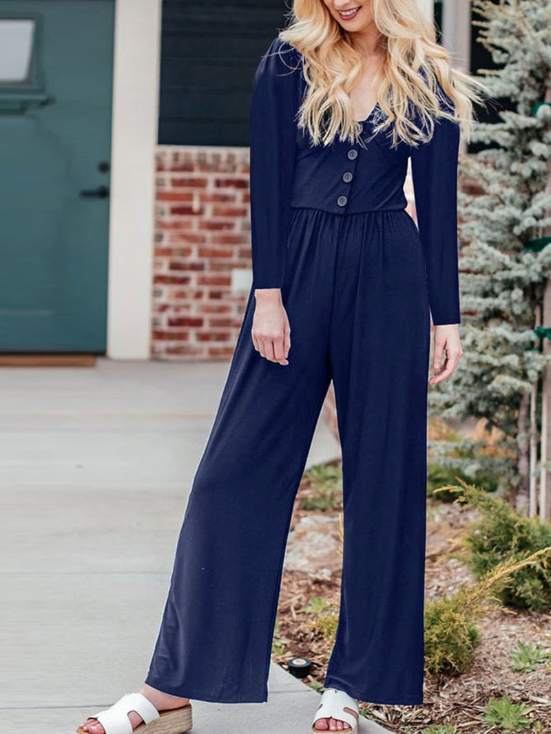 Loose Casual Long Sleeve Button Jumpsuit