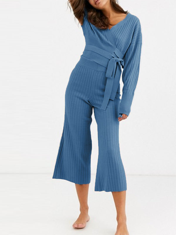 Casual Loose V-Neck Strap Long Sleeve Wide Leg Pants Knitted Suit