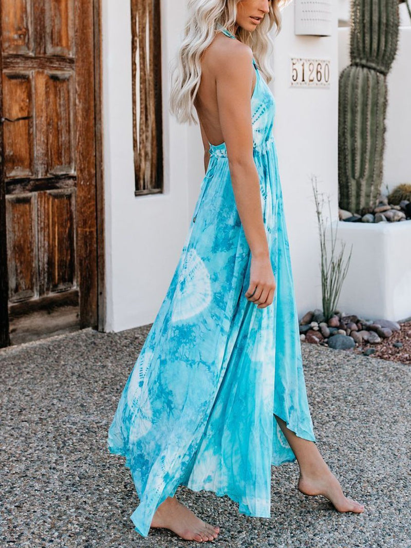 Printed Deep V Halter Maxi Dress