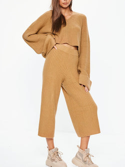 Loose Casual Long-Sleeved V-Neck Top Wide Leg Pants Knitted Suit