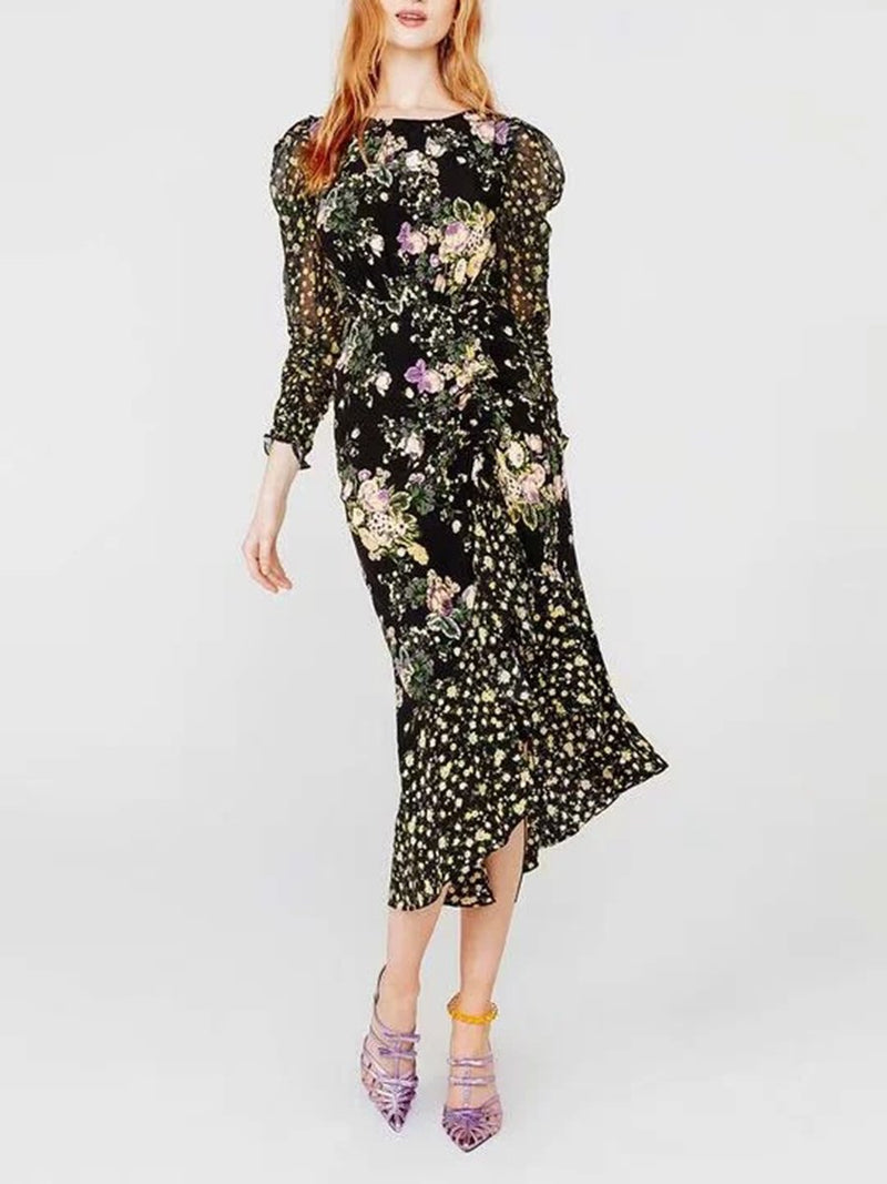 Vintage Printed Hem Irregular Long Sleeve Dress