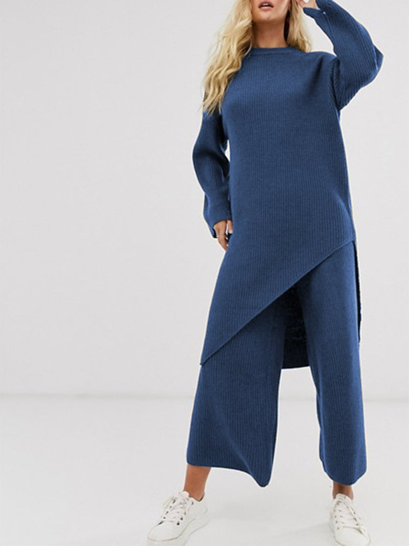 Loose Casual Long Sleeve Irregular Top Wide Leg Pants Knitted Suit