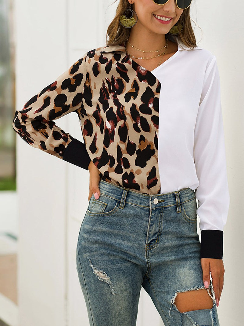 Leopard Print Color Long Sleeve V-Neck Fashion Wild Shirt