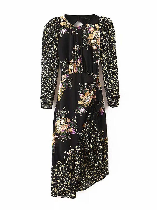 Vintage Printed Hem Irregular Long Sleeve Dress