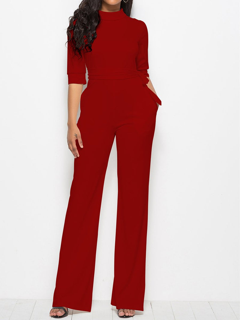 Sexy Solid Color Five-point Sleeve Stand Collar Wide Leg Jumpsuit