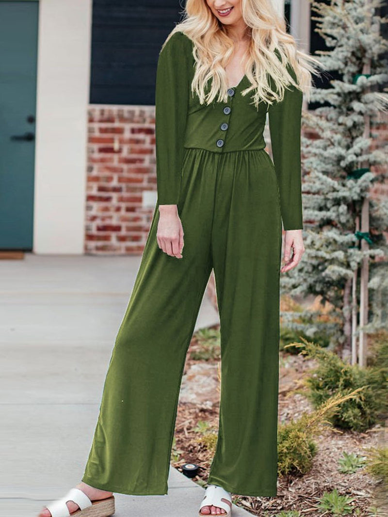 Loose Casual Long Sleeve Button Jumpsuit