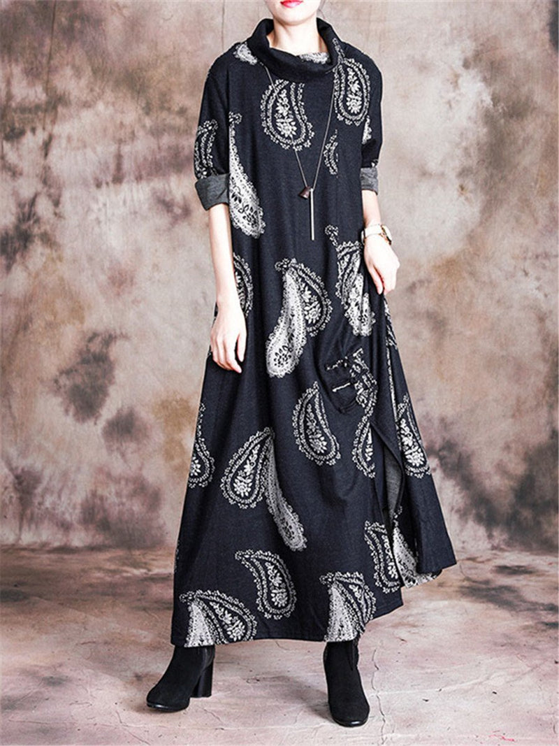 Stand Collar Printed Loose Maxi Dresses