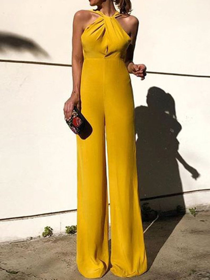 Sexy Sleeveless Halter Slim Solid Color Jumpsuit