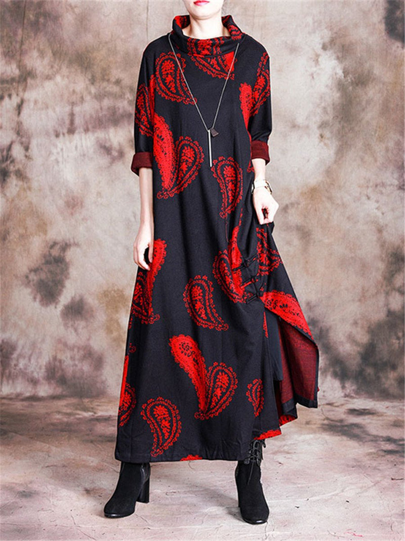 Stand Collar Printed Loose Maxi Dresses