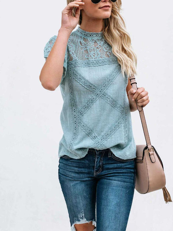 Short-sleeved Geometric Stitching Lace Top