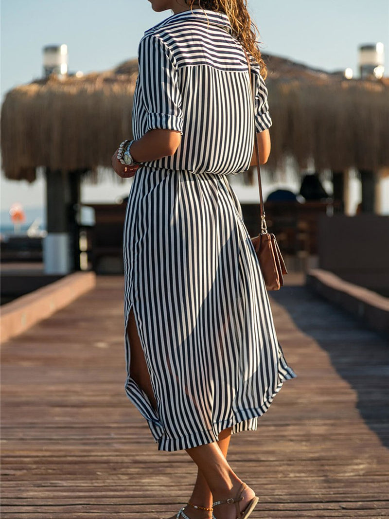 Striped Button High Waist Lace-up Chiffon Maxi Dresses