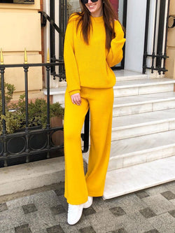 Fashion Loose Casual Long Sleeve Top Pants Knitted Suit