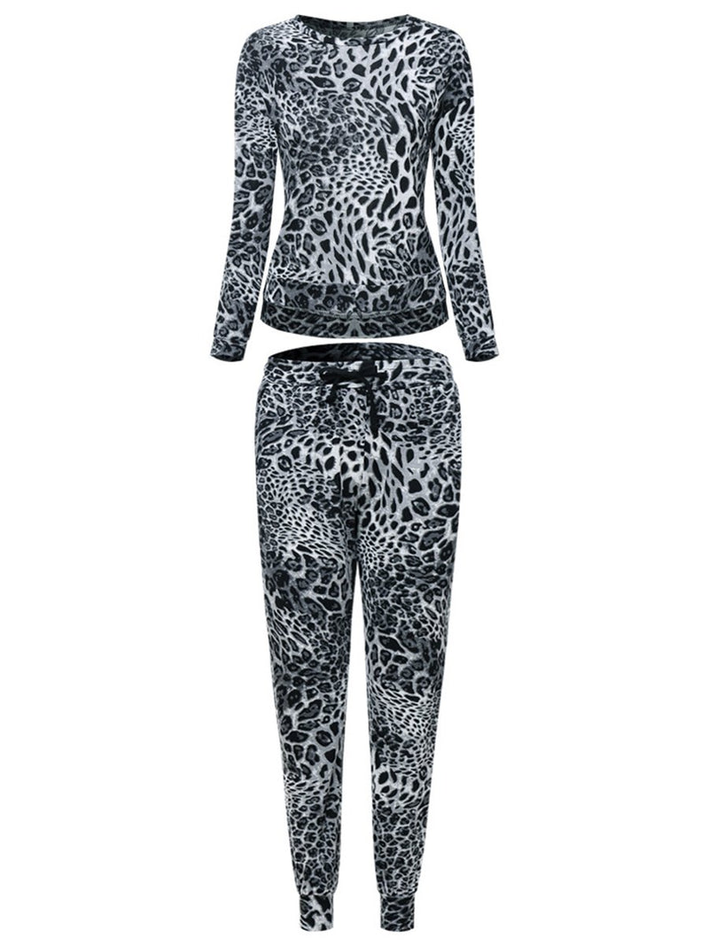 Casual Loose Long Sleeve Top Pants Leopard Set