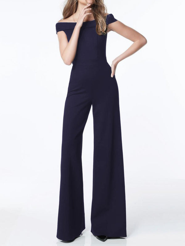 Sexy Word Shoulder Waist Pure Color Jumpsuit