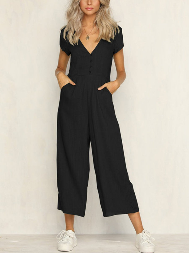 Casual V-neck Fashion Casual Pants Button Jumpsuit