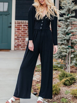 Loose Casual Long Sleeve Button Jumpsuit