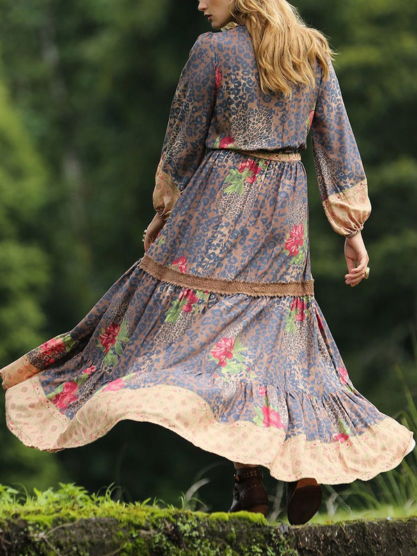 Slim Long-sleeved Vintage Printed Bohemian Dress