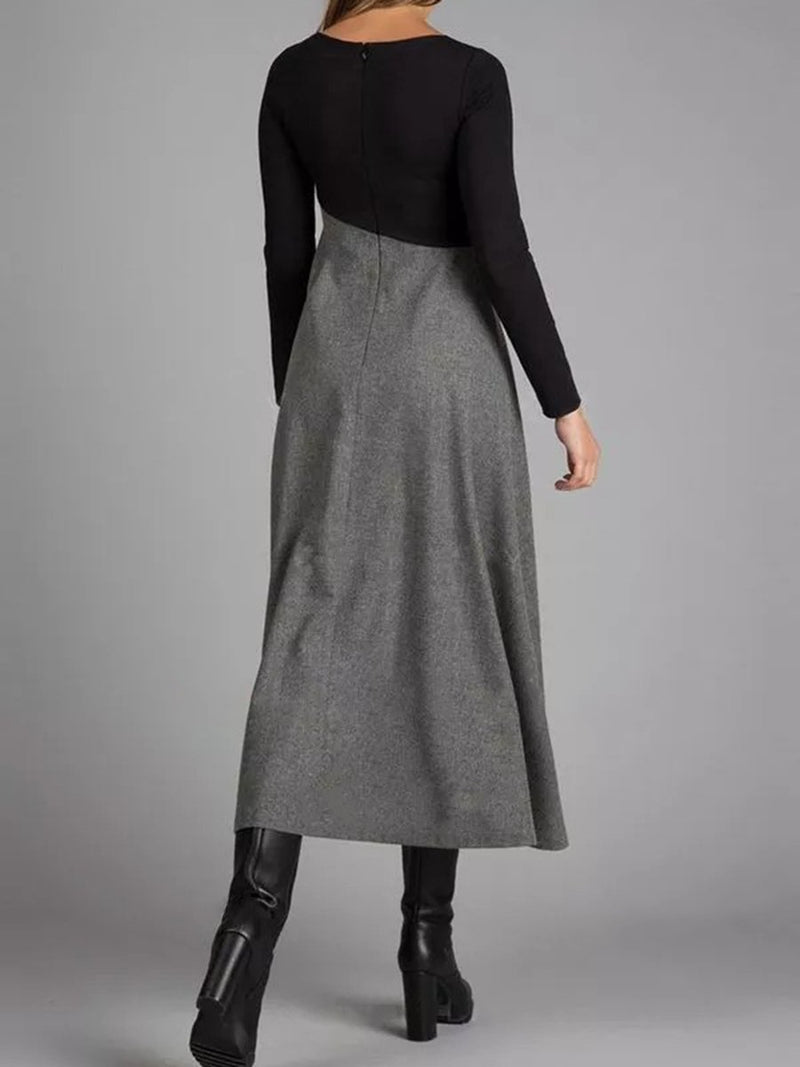 Grey Colorblock Long Sleeve Dress Elegant