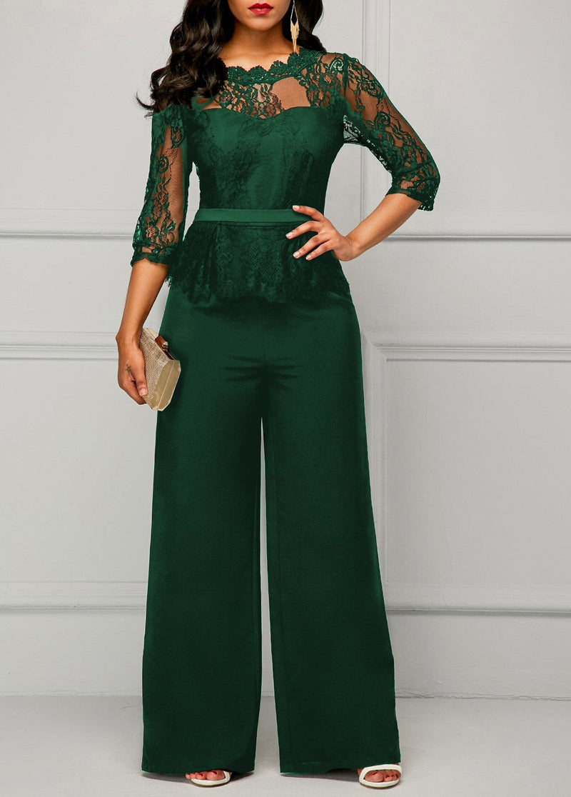 Solid Color Sexy Half Sleeve Lace Wide Leg Jumpsuit