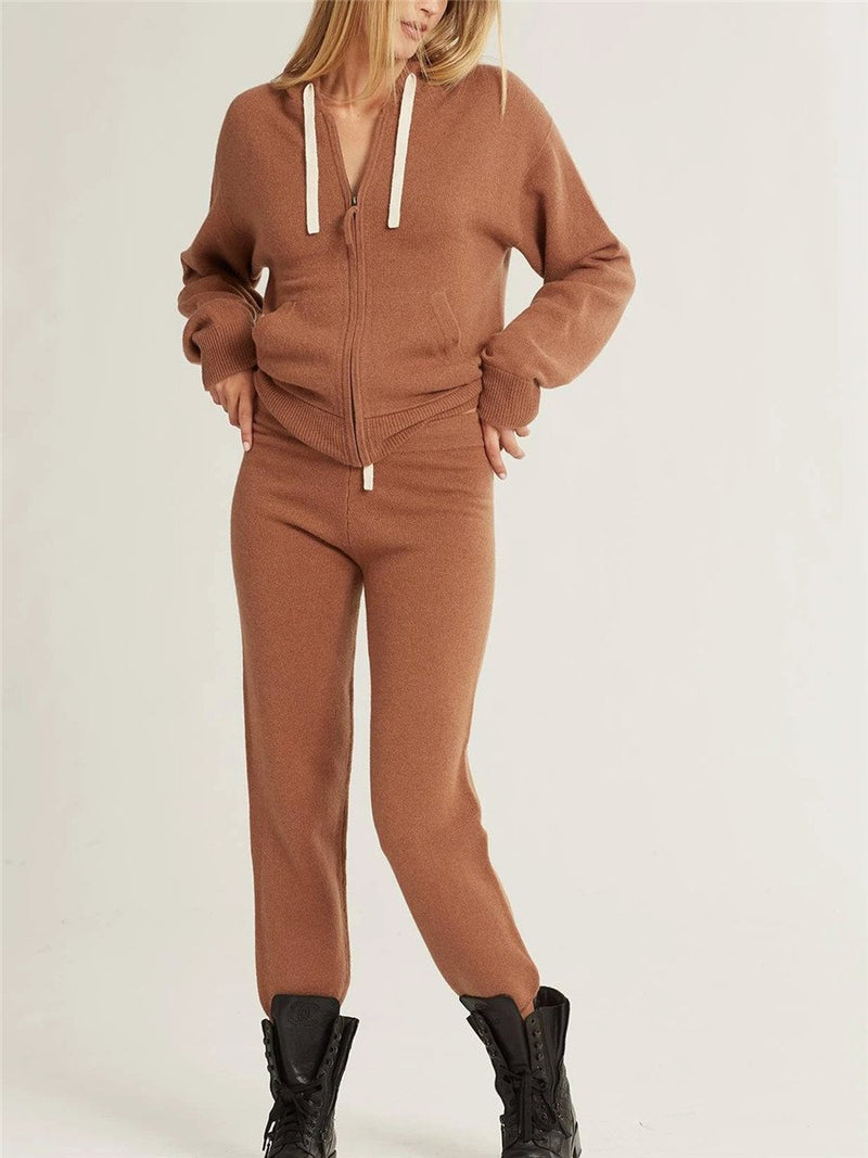 Loose Hooded Long Sleeve Top & Pants Knit Set