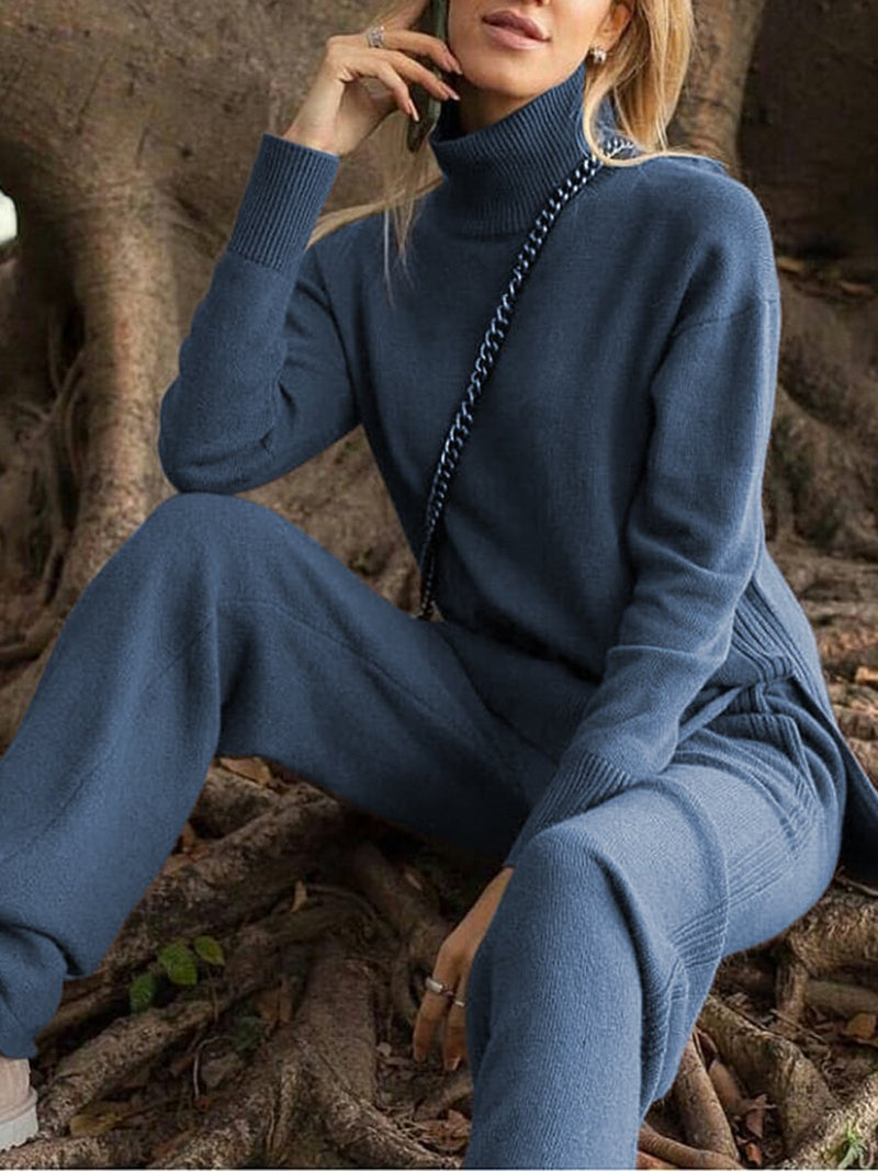 Loose Casual Turtleneck Long Sleeve Pullover Wide Leg Pants Knitted Suit