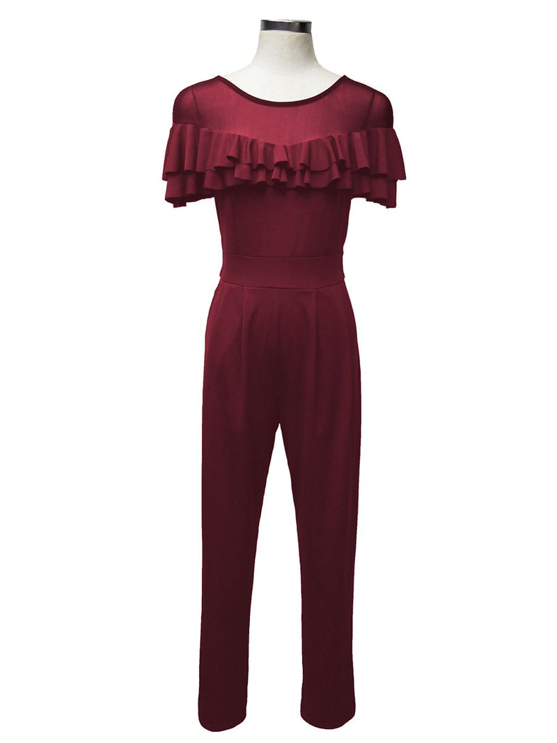 Sexy Mesh Stitching Ruffled Slim Jumpsuit