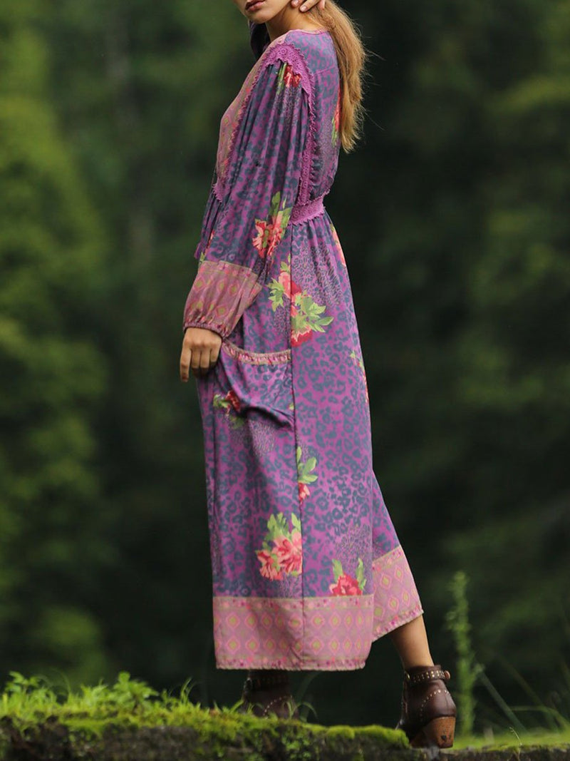 Slim Long-sleeved Purple Vintage Bohemian Dress