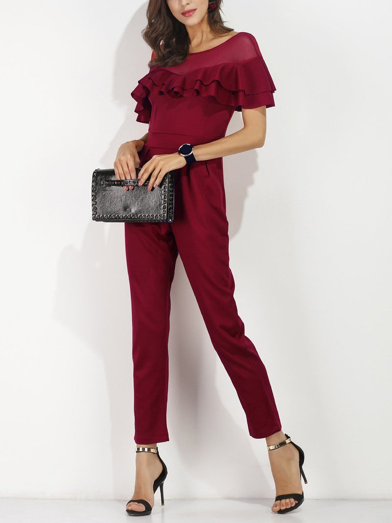 Sexy Mesh Stitching Ruffled Slim Jumpsuit