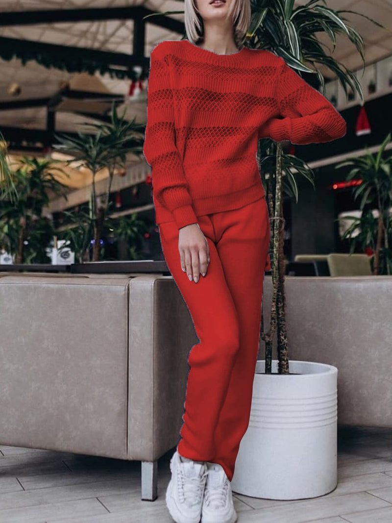 Loose Casual Long Sleeve Pullover Pants Knit Set