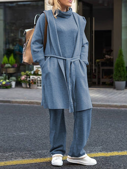 Loose Casual Long Sleeve Pocket Pullover Pants Coat Three Knit Set