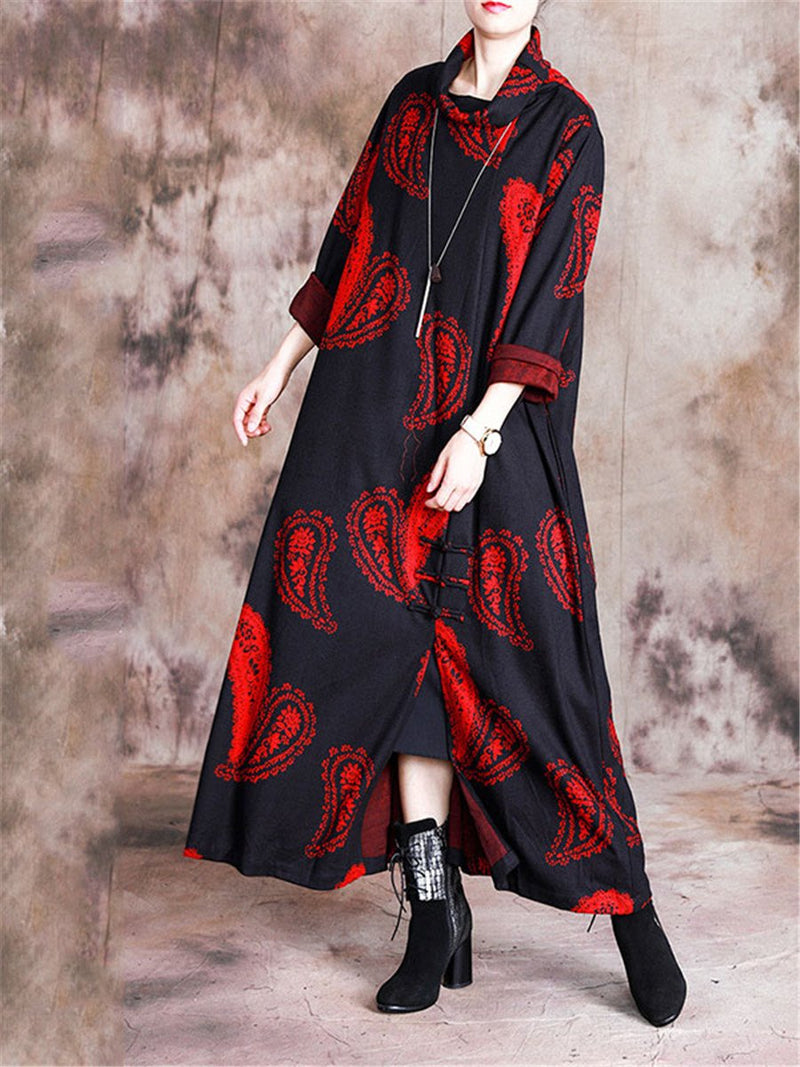 Stand Collar Printed Loose Maxi Dresses