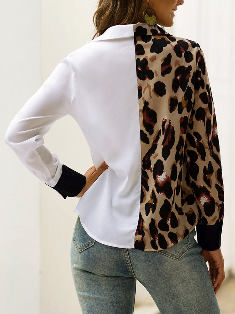 Leopard Print Color Long Sleeve V-Neck Fashion Wild Shirt