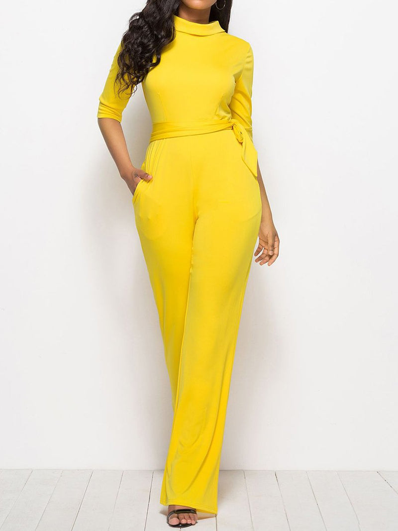 Sexy Solid Color Five-point Sleeve Stand Collar Wide Leg Jumpsuit